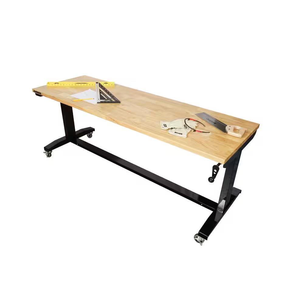 72 In. W X 24 In. D Adjustable Height Black Worktable with Solid Wood Top