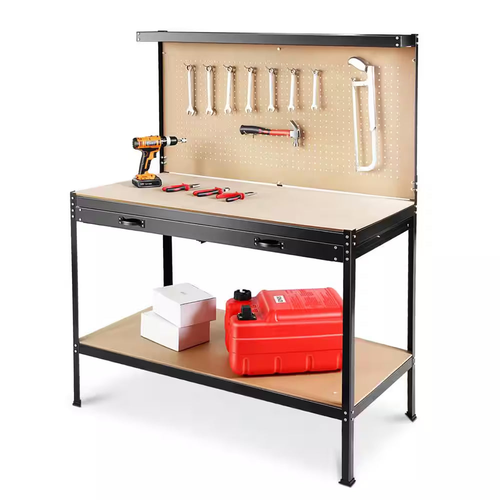 24 In. D X 63 In. H Tools Cabinet Working Tables Workbench Tool Storage Workshop Table with Drawers and Pegboard
