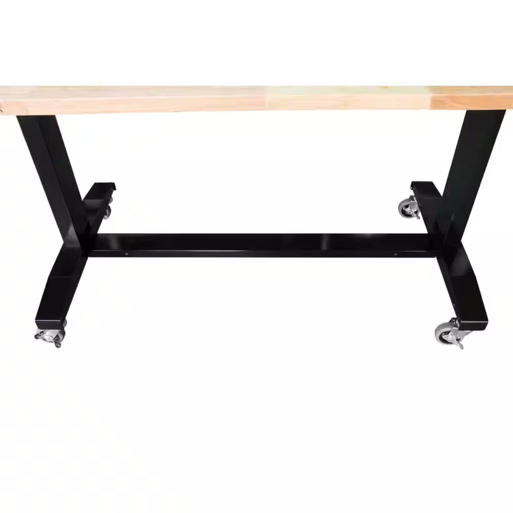 62 In. W X 24 In. D Adjustable Height Black Workbench Table with Solid Wood Top
