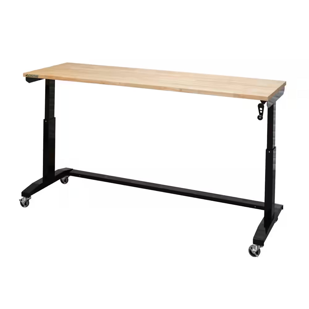 72 In. W X 24 In. D Adjustable Height Black Worktable with Solid Wood Top