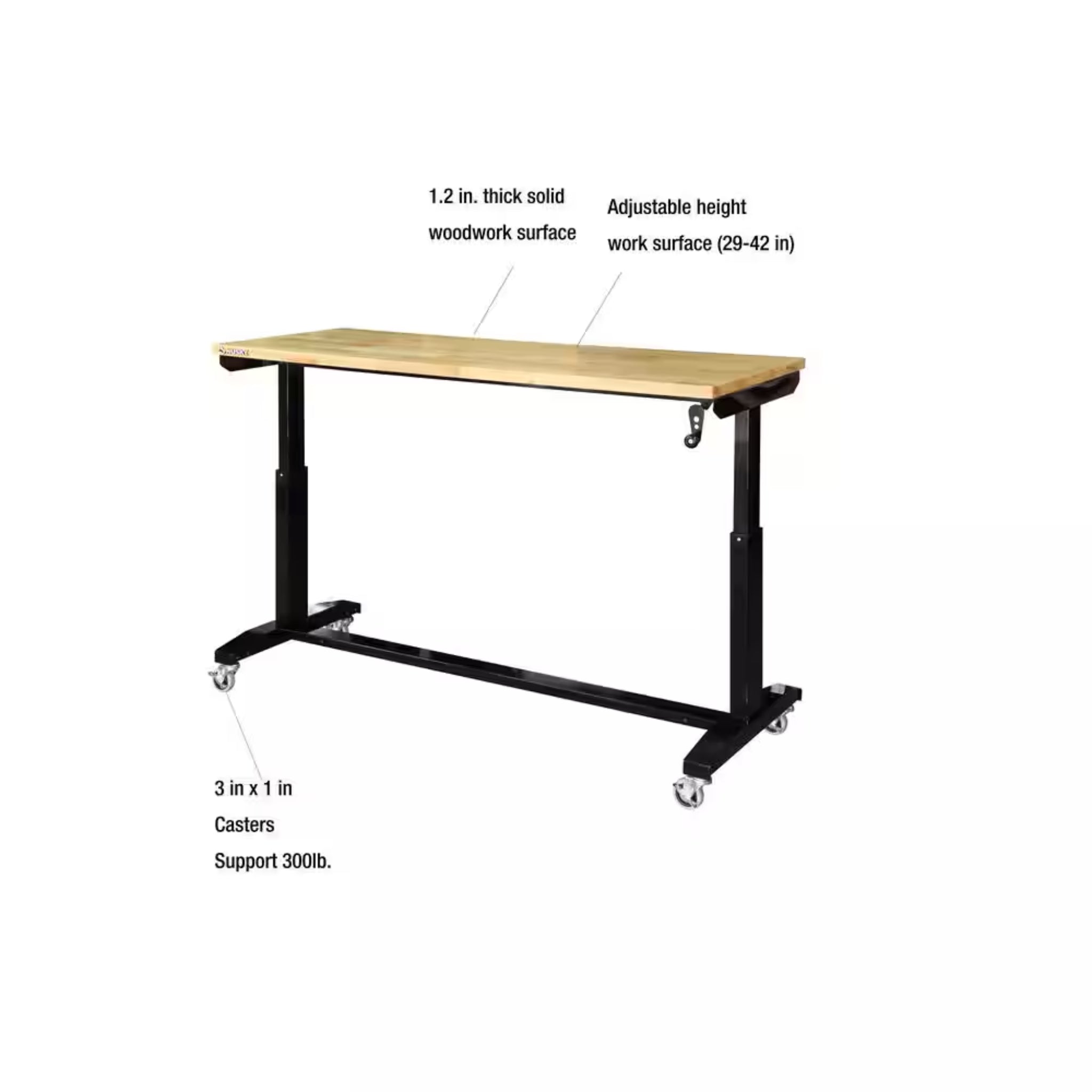 62 In. W X 24 In. D Adjustable Height Black Workbench Table with Solid Wood Top