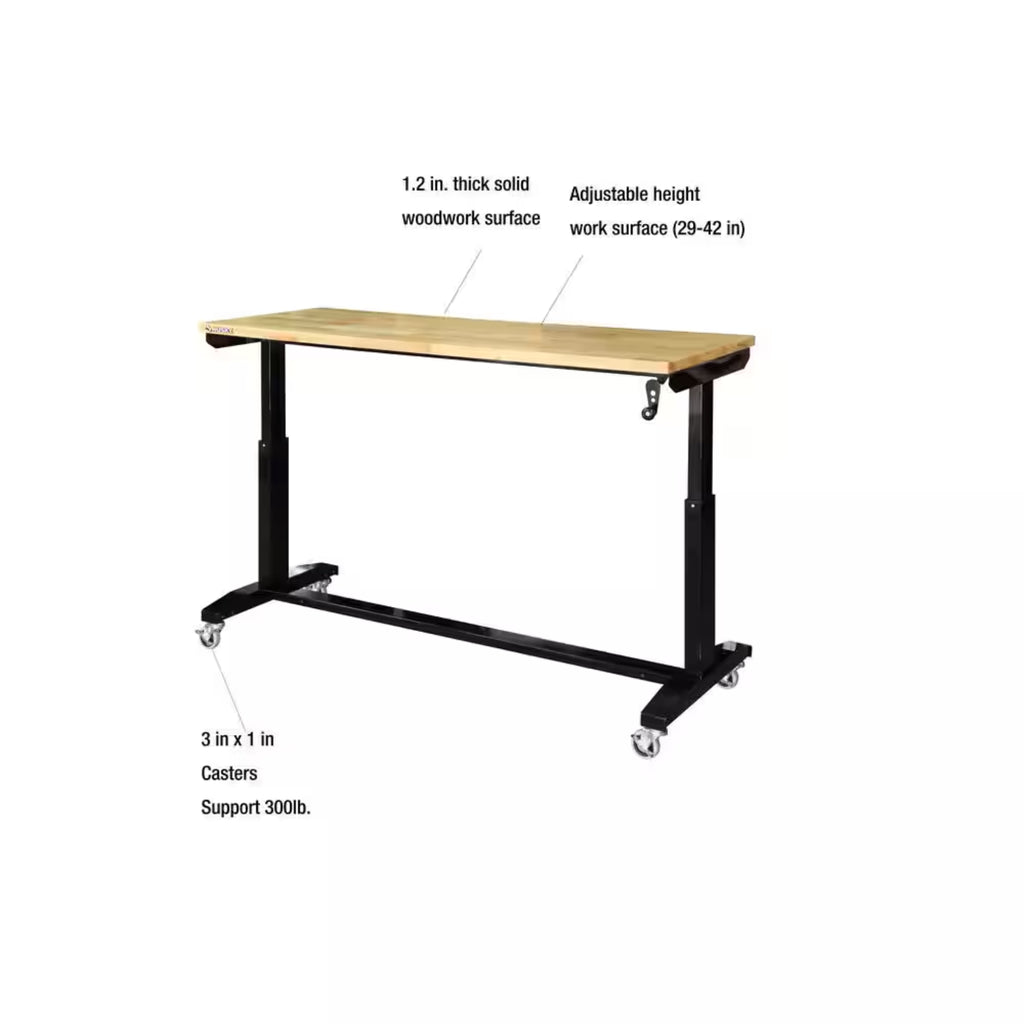 62 In. W X 24 In. D Adjustable Height Black Workbench Table with Solid Wood Top