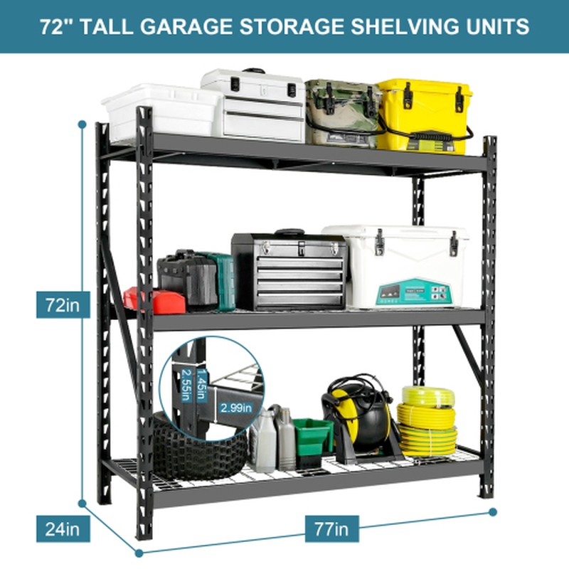 Garage Shelving Heavy Duty 72H 77 W Garage Storage Shelves 6000LBS Heavy Duty Shelving Adjustable 3 Tier Metal Shelving for Garage Storage Shelving Industrial Shelving Storage Rack, Black