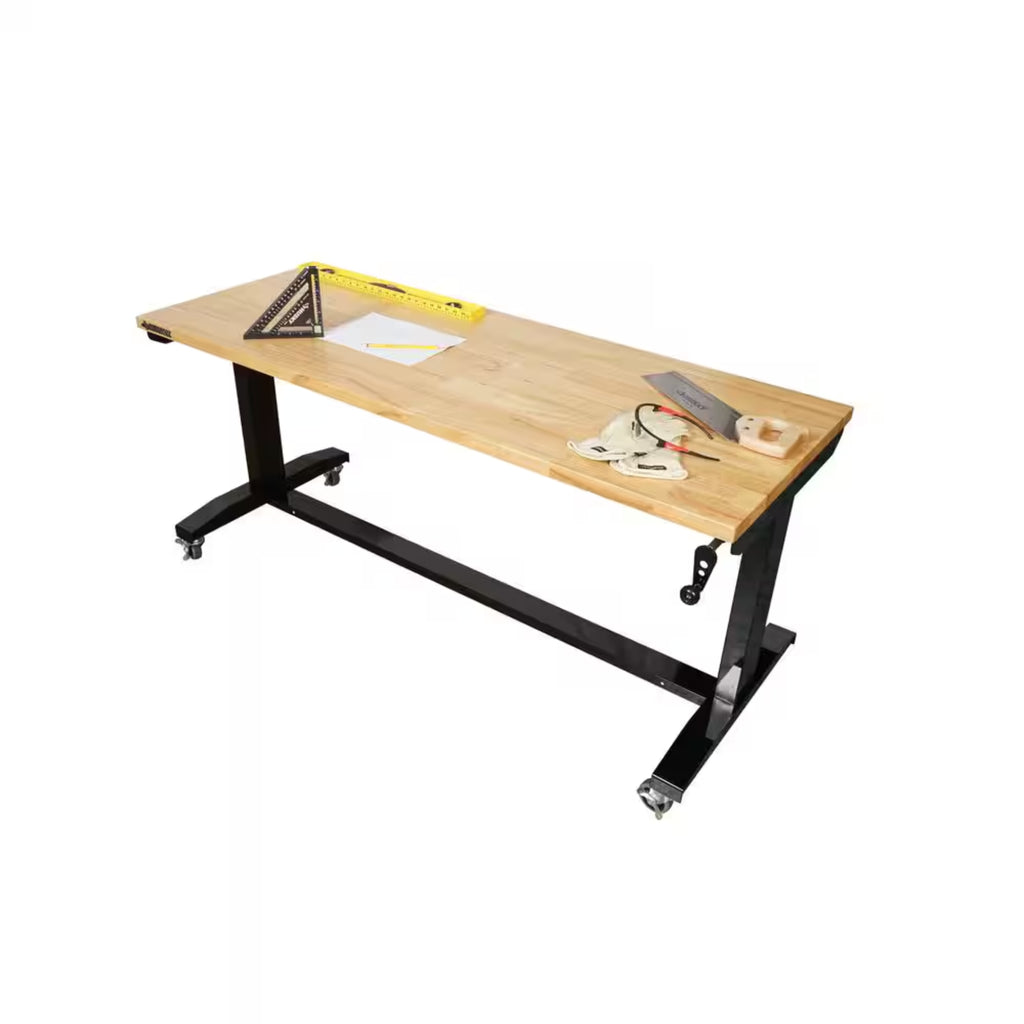 62 In. W X 24 In. D Adjustable Height Black Workbench Table with Solid Wood Top