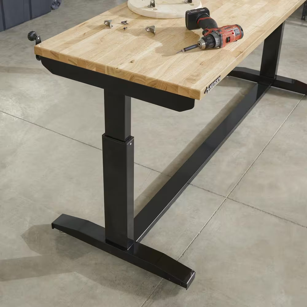 72 In. W X 24 In. D Adjustable Height Black Worktable with Solid Wood Top