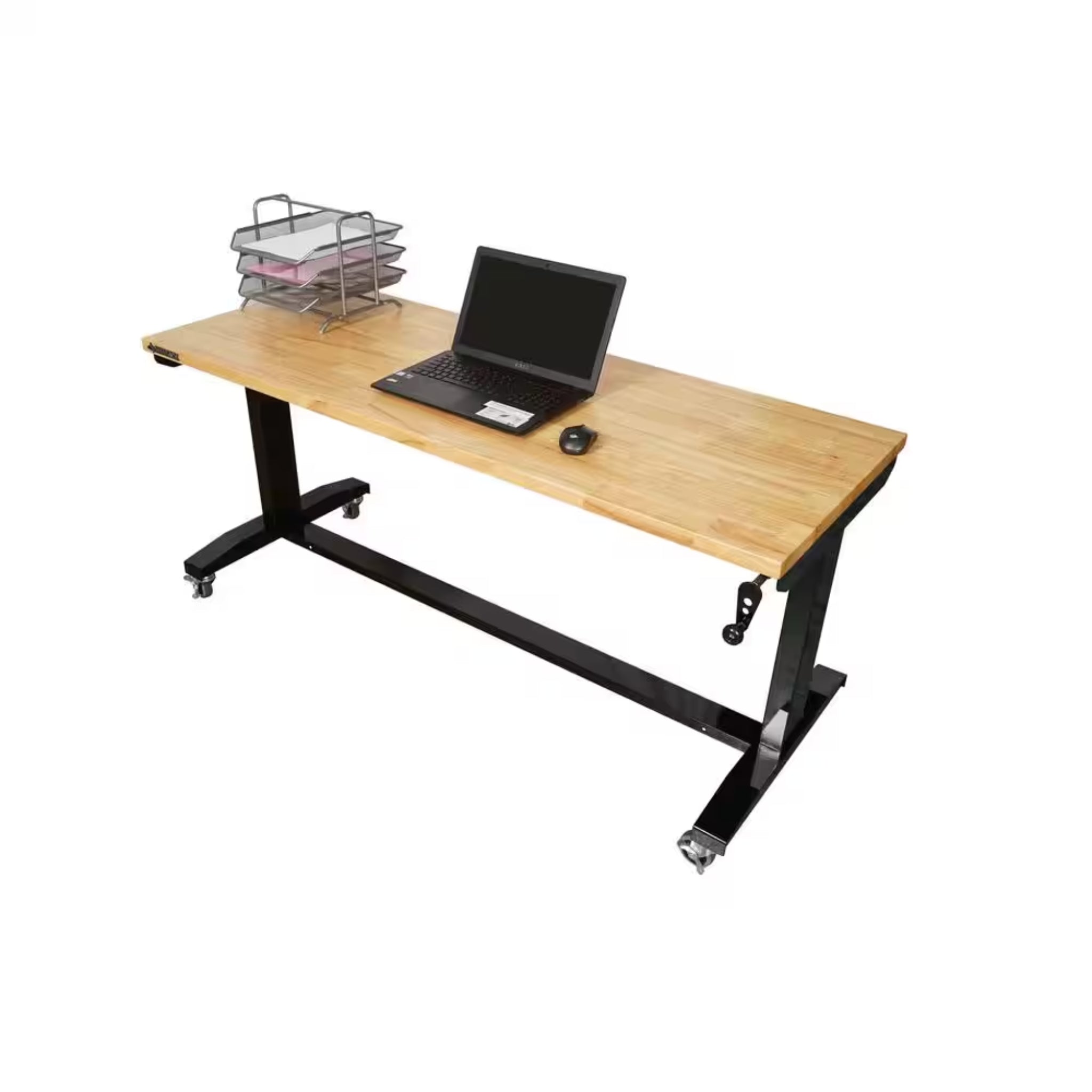 62 In. W X 24 In. D Adjustable Height Black Workbench Table with Solid Wood Top