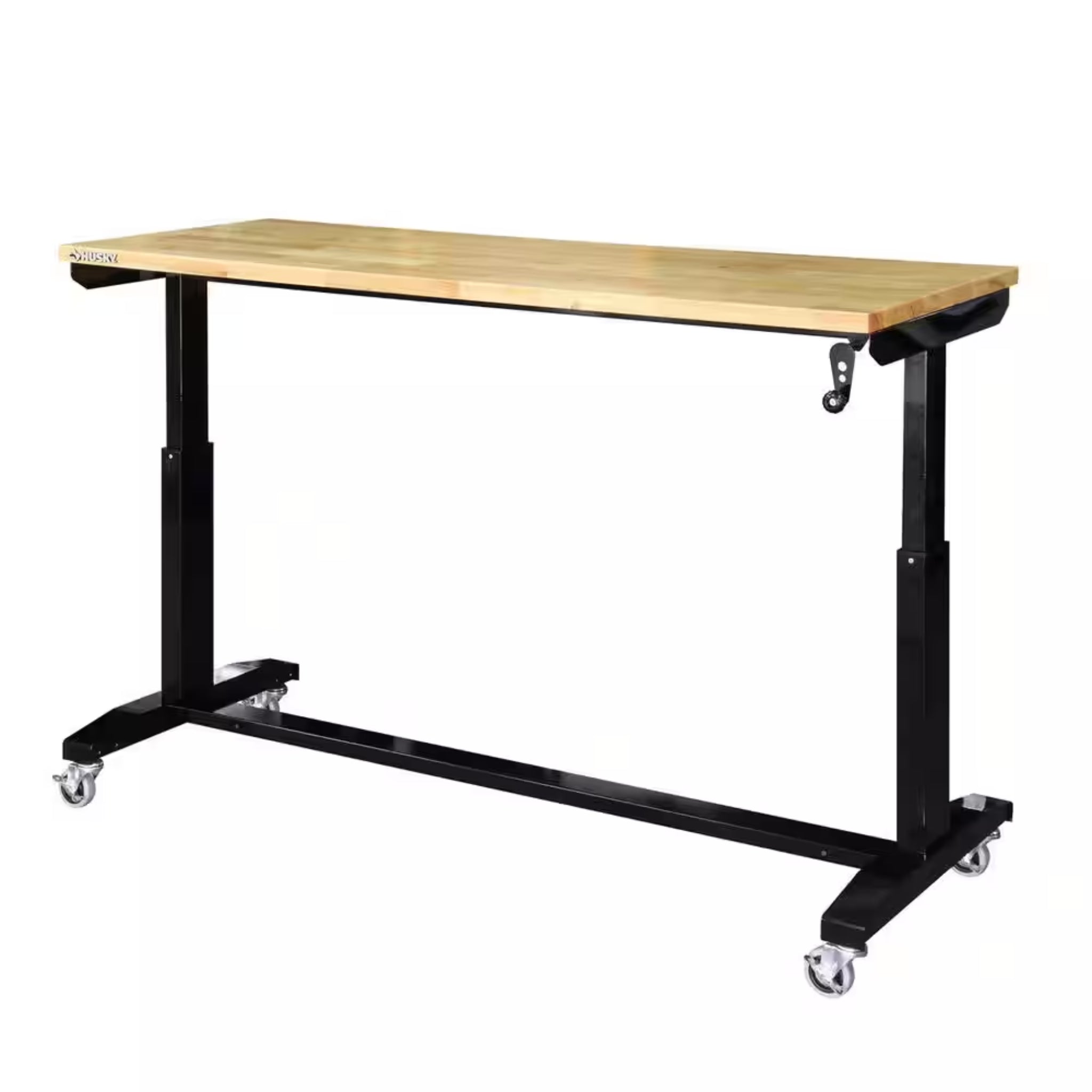 62 In. W X 24 In. D Adjustable Height Black Workbench Table with Solid Wood Top