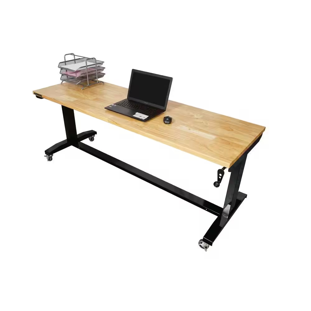 72 In. W X 24 In. D Adjustable Height Black Worktable with Solid Wood Top