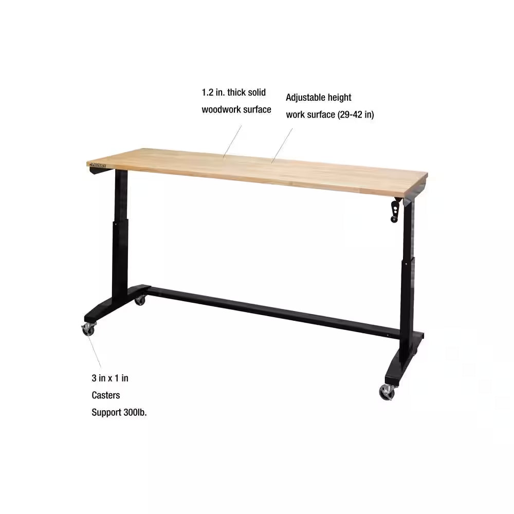 72 In. W X 24 In. D Adjustable Height Black Worktable with Solid Wood Top