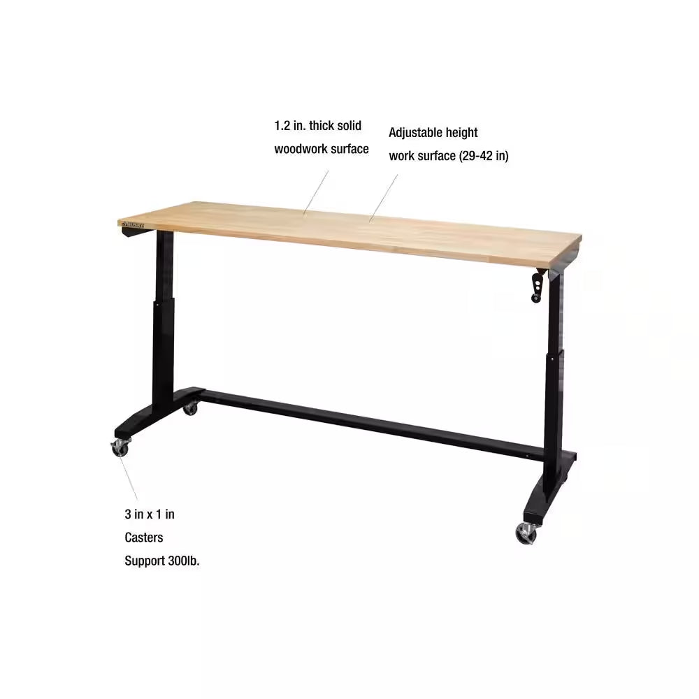 72 In. W X 24 In. D Adjustable Height Black Worktable with Solid Wood Top