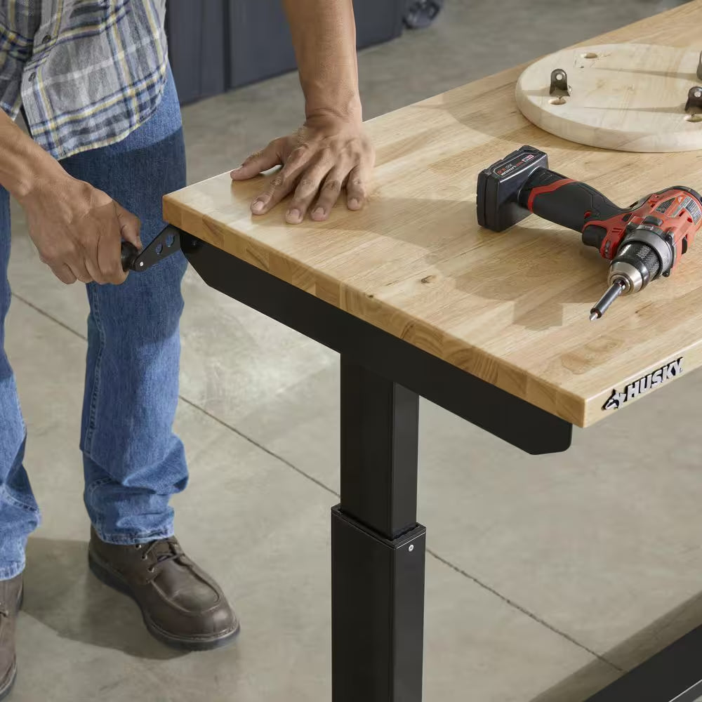 72 In. W X 24 In. D Adjustable Height Black Worktable with Solid Wood Top