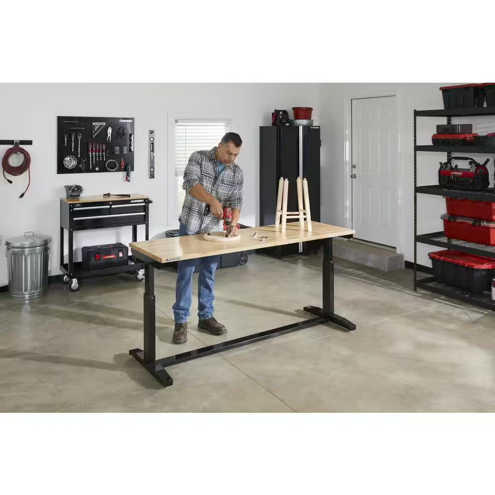 72 In. W X 24 In. D Adjustable Height Black Worktable with Solid Wood Top