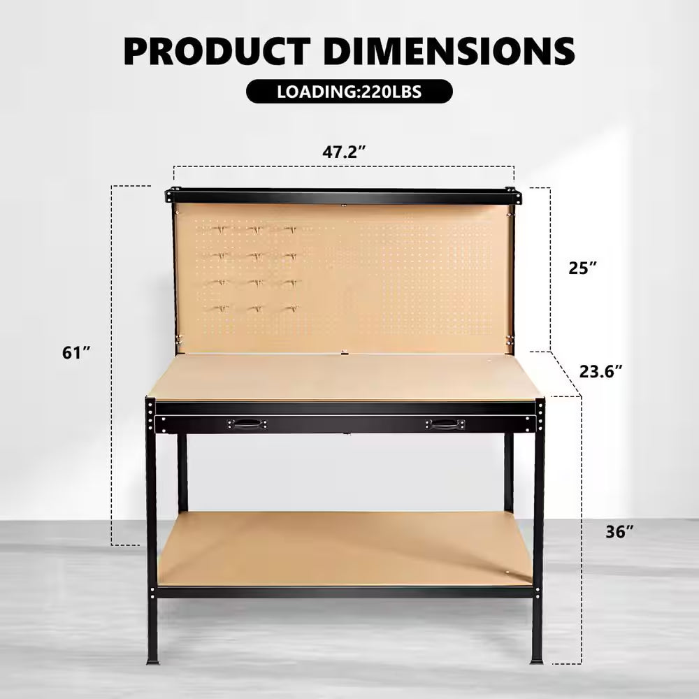 24 In. D X 63 In. H Tools Cabinet Working Tables Workbench Tool Storage Workshop Table with Drawers and Pegboard